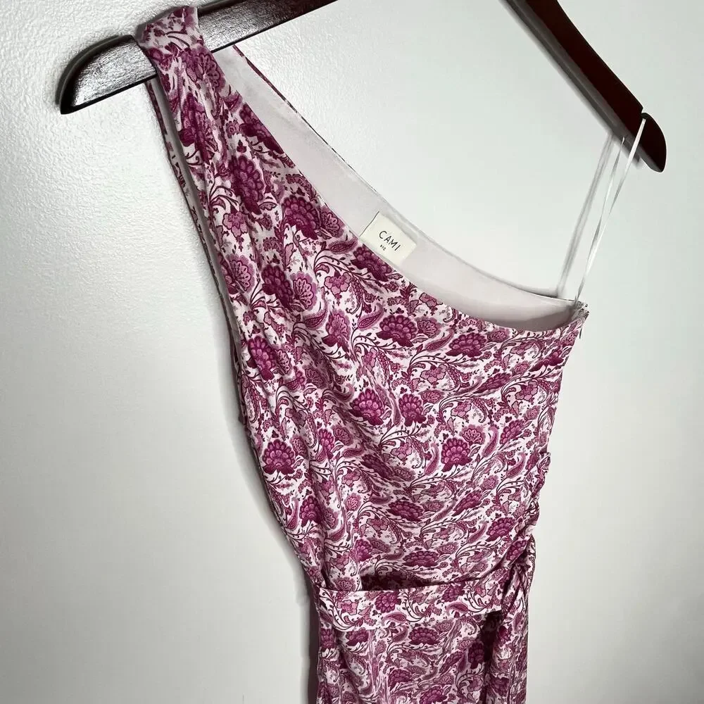 Cami NYC Nanu One Shoulder Midi Dress Womens 4 Pink Floral Slit Cocktail Party - Picture 5 of 11